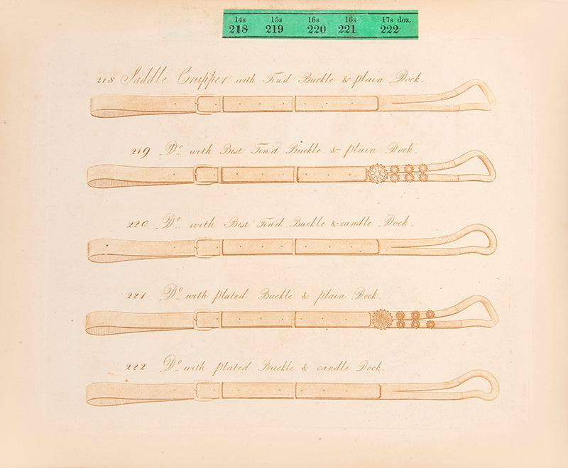 A rare saddlery trade catalogue illustrated with 145 engaved plates listing over 40 items of equestrian equipment for sale, with original samples tipped-in