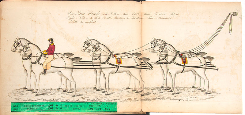 A rare saddlery trade catalogue illustrated with 145 engaved plates listing over 40 items of equestrian equipment for sale, with original samples tipped-in