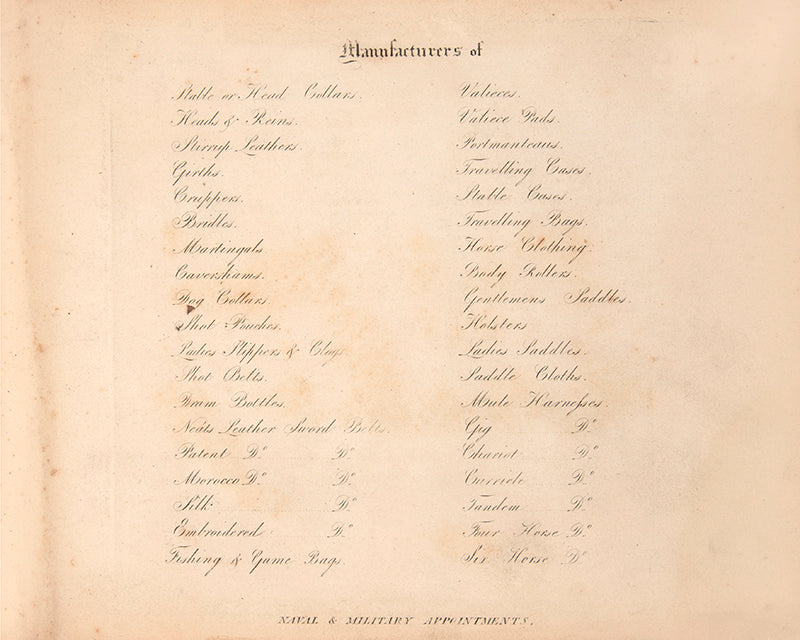 A rare saddlery trade catalogue illustrated with 145 engaved plates listing over 40 items of equestrian equipment for sale, with original samples tipped-in