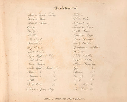 A rare saddlery trade catalogue illustrated with 145 engaved plates listing over 40 items of equestrian equipment for sale, with original samples tipped-in