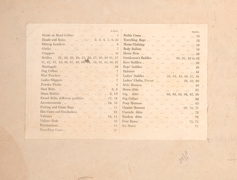 A rare saddlery trade catalogue illustrated with 145 engaved plates listing over 40 items of equestrian equipment for sale, with original samples tipped-in