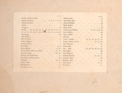 A rare saddlery trade catalogue illustrated with 145 engaved plates listing over 40 items of equestrian equipment for sale, with original samples tipped-in