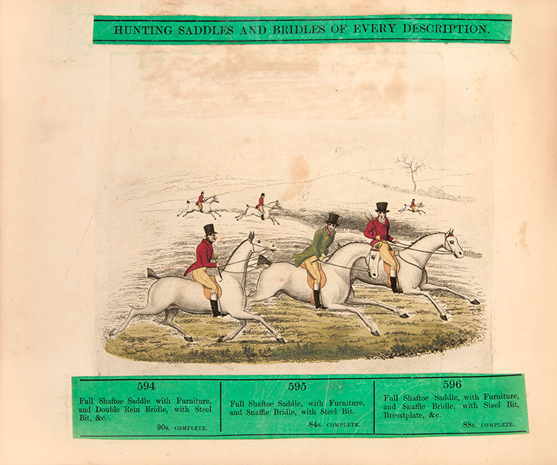 A rare saddlery trade catalogue illustrated with 145 engaved plates listing over 40 items of equestrian equipment for sale, with original samples tipped-in
