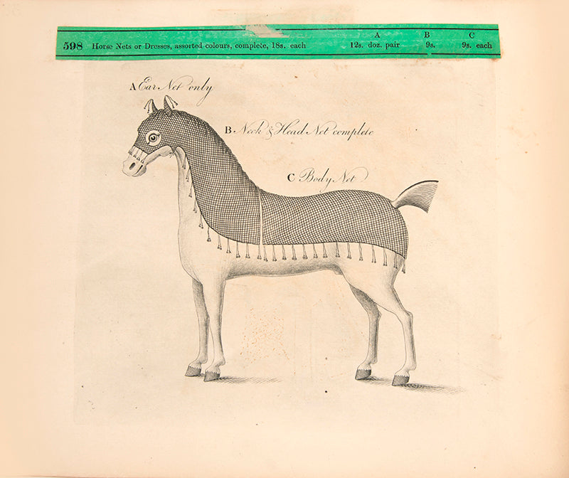 A rare saddlery trade catalogue illustrated with 145 engaved plates listing over 40 items of equestrian equipment for sale, with original samples tipped-in