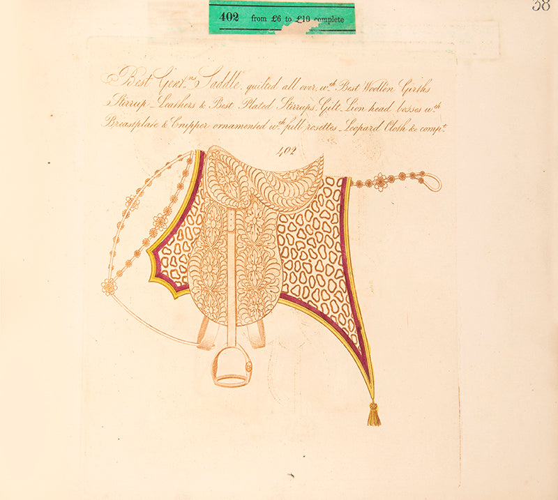 A rare saddlery trade catalogue illustrated with 145 engaved plates listing over 40 items of equestrian equipment for sale, with original samples tipped-in