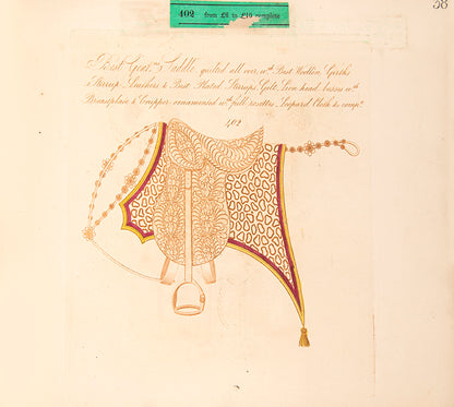 A rare saddlery trade catalogue illustrated with 145 engaved plates listing over 40 items of equestrian equipment for sale, with original samples tipped-in