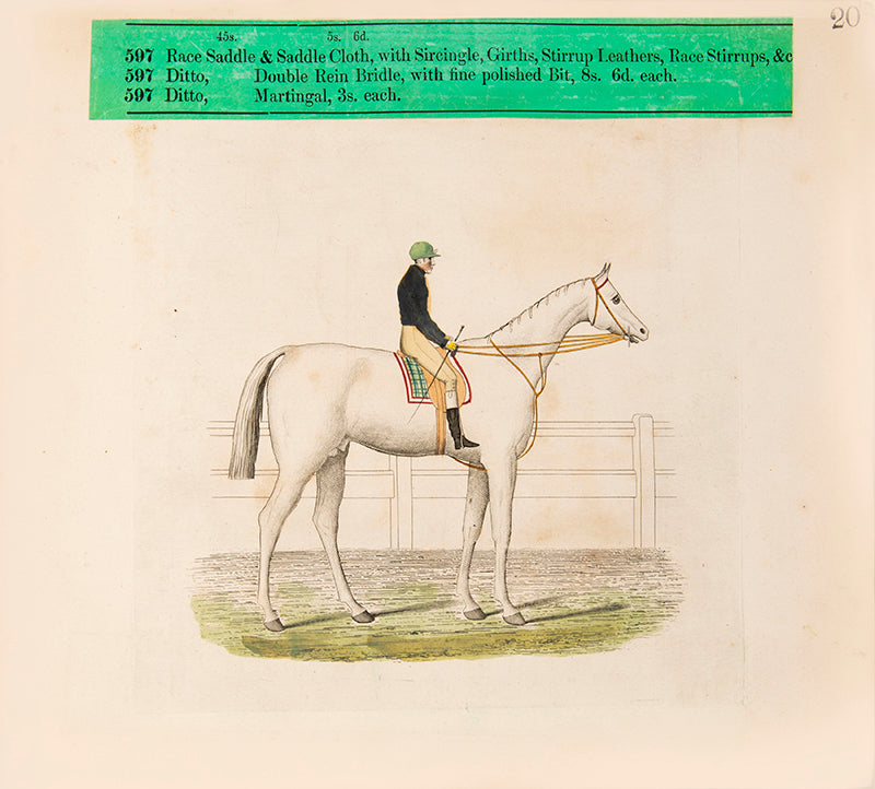 A rare saddlery trade catalogue illustrated with 145 engaved plates listing over 40 items of equestrian equipment for sale, with original samples tipped-in