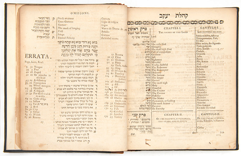 A scarce Talmud and holy scripture vocabulary by Jacob Rodrigues Moreira, published by the pioneer of Hebrew printing in London A. Alexander. 
