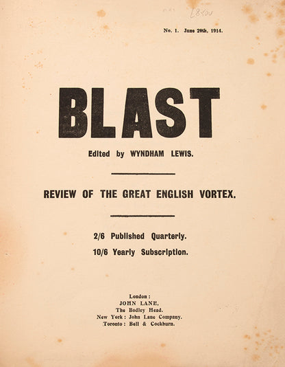 Wyndham Lewis' Blast, together with Blast War Issue, one of the greatest periodicals of the 20th century.