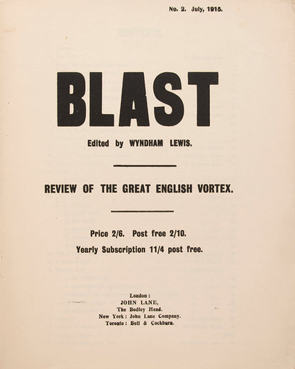 Wyndham Lewis' Blast, together with Blast War Issue, one of the greatest periodicals of the 20th century.