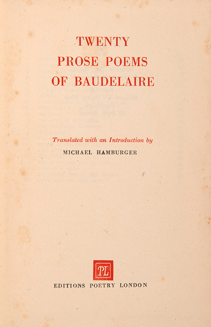 First edition of Twenty Prose Poems by Charles Baudelaire, translated by Michael Hamburger.