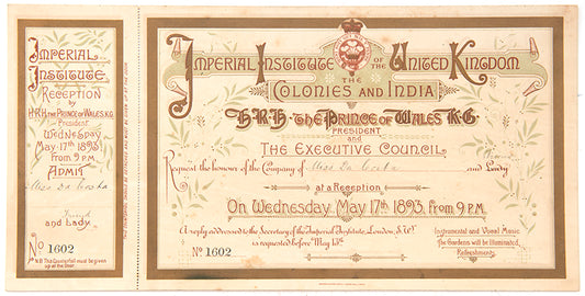 Invitations to Miss Da Costa to take part in the Imperial Institute's Reception which took place on the 17th of May 1893, hosted by The Prince of Wales in the presence of Queen Victoria.
