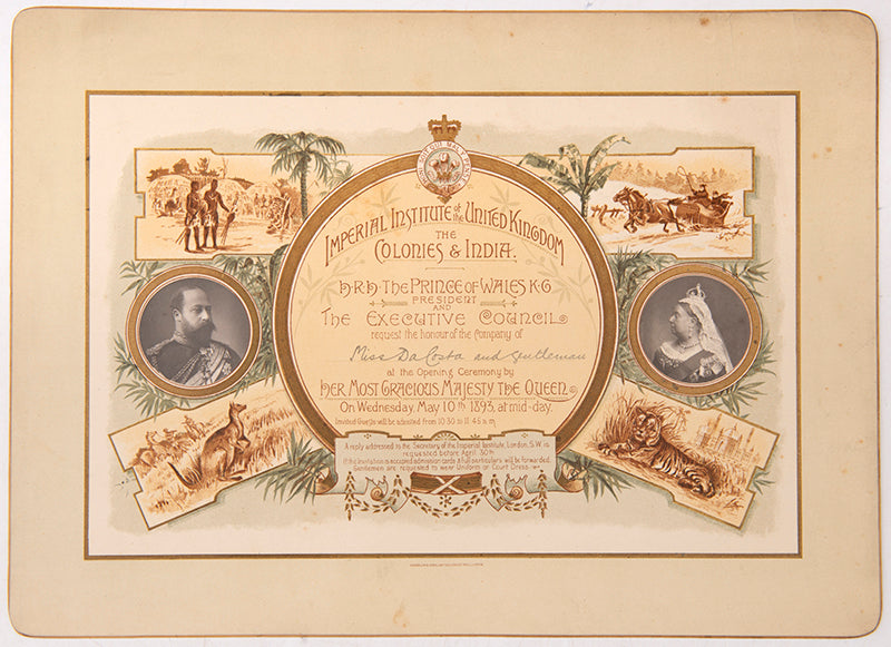 Invitations to Miss Da Costa to take part in the Imperial Institute's Reception which took place on the 17th of May 1893, hosted by The Prince of Wales in the presence of Queen Victoria.