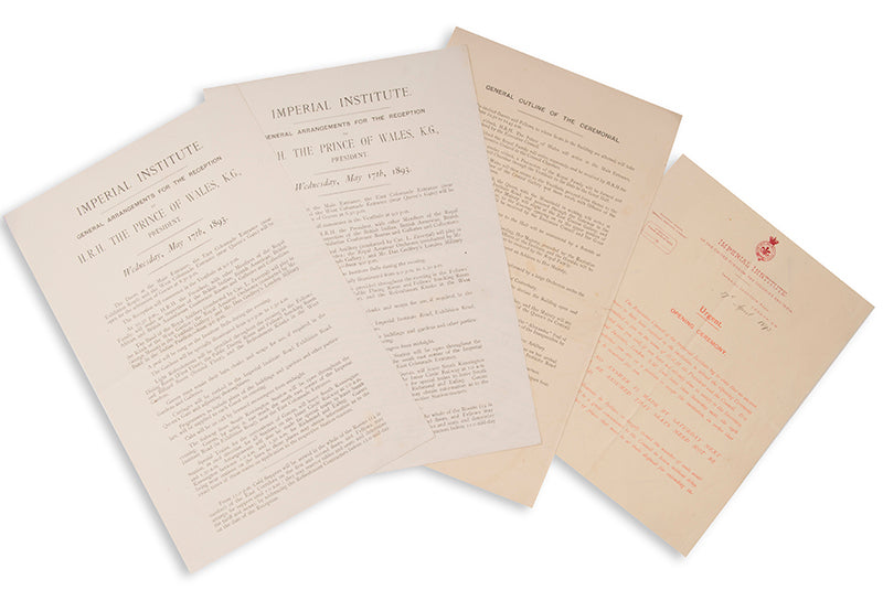 Invitations to Miss Da Costa to take part in the Imperial Institute's Reception which took place on the 17th of May 1893, hosted by The Prince of Wales in the presence of Queen Victoria.