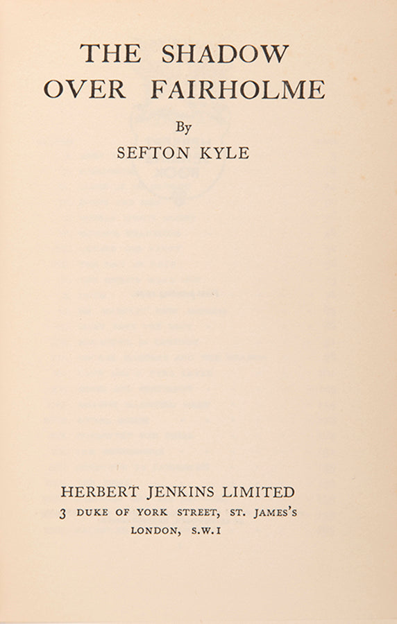 First edition of The Shadow over Fairholme by Sefton Kyle.