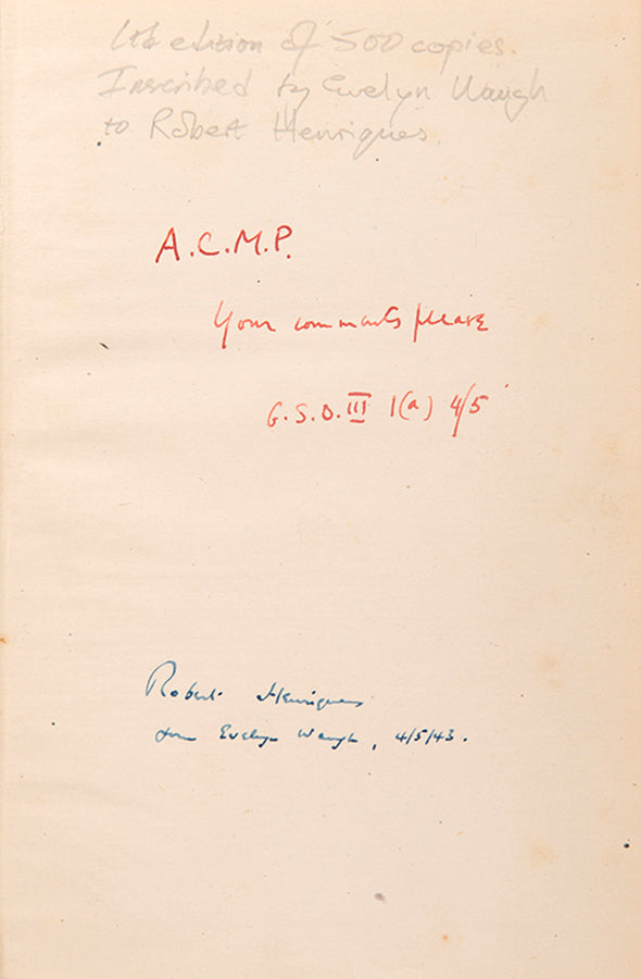 First edition of Work Suspended by Evelyn Waugh, twice inscribed by the author.