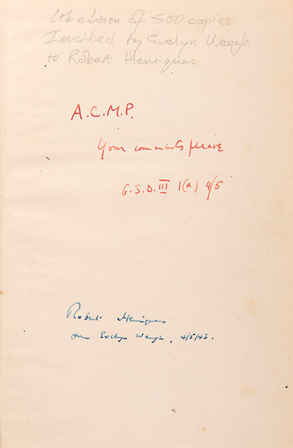 First edition of Work Suspended by Evelyn Waugh, twice inscribed by the author.