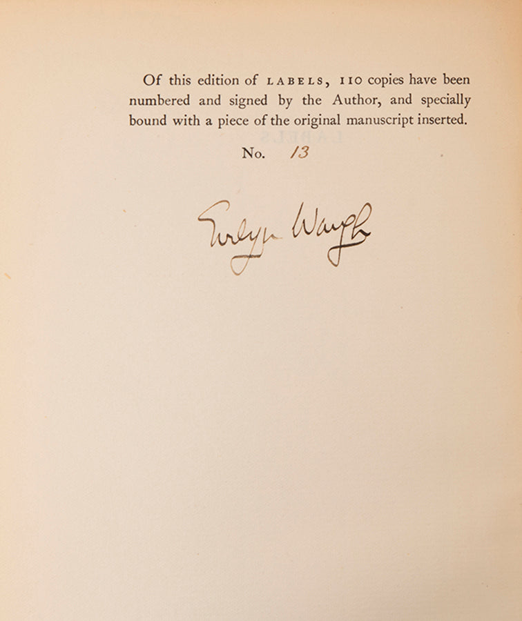 First edition of Labels by Evelyn Waugh, one of 110 copies signed by the author.