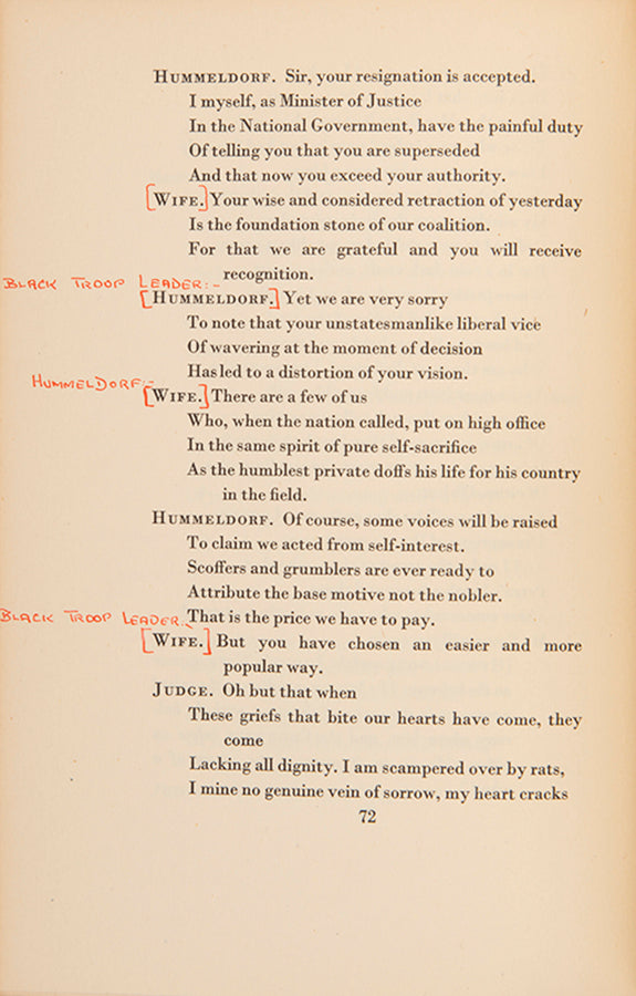 Inscribed first edition of Spender's first play, an expressionist, anti-fascist drama in verse, inscribed at the end of its initial run at Unity Theatre.