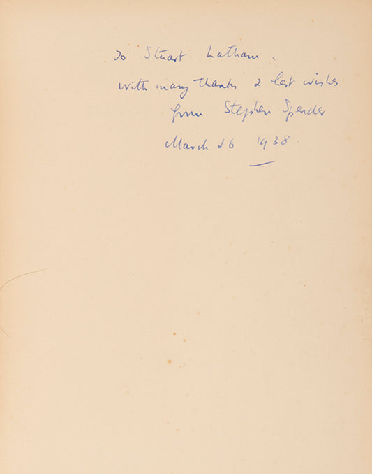 Inscribed first edition of Spender's first play, an expressionist, anti-fascist drama in verse, inscribed at the end of its initial run at Unity Theatre.