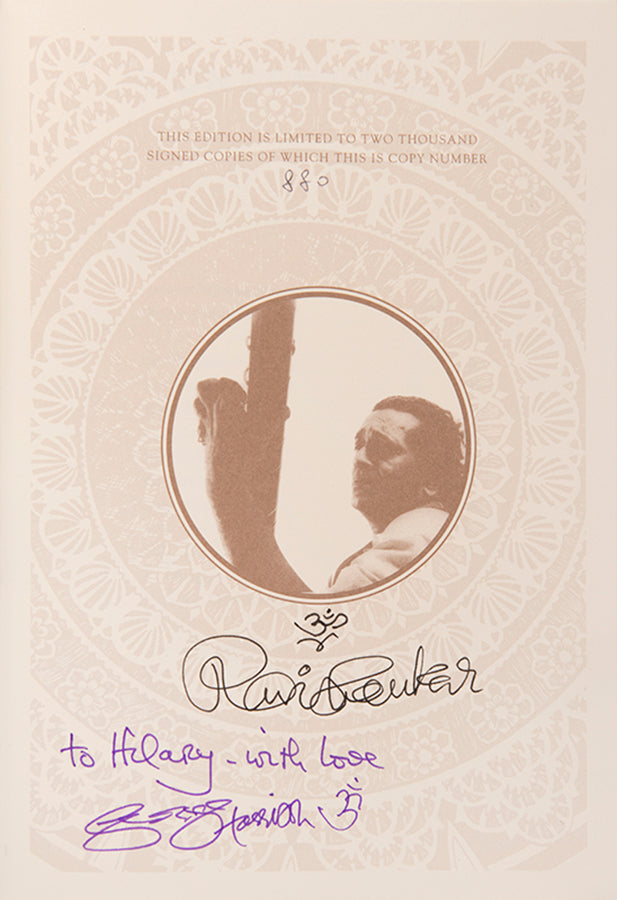 First edition of the autobiography of Ravi Shankar, with signed presentation inscription from George Harrison to Hilary Gerrard.