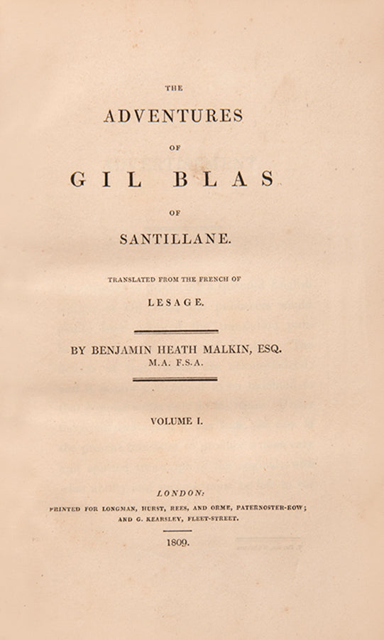 The first edition of Malkin's English translation of Lesage's classic picaresque novel L'Histoire de Gil Blas.