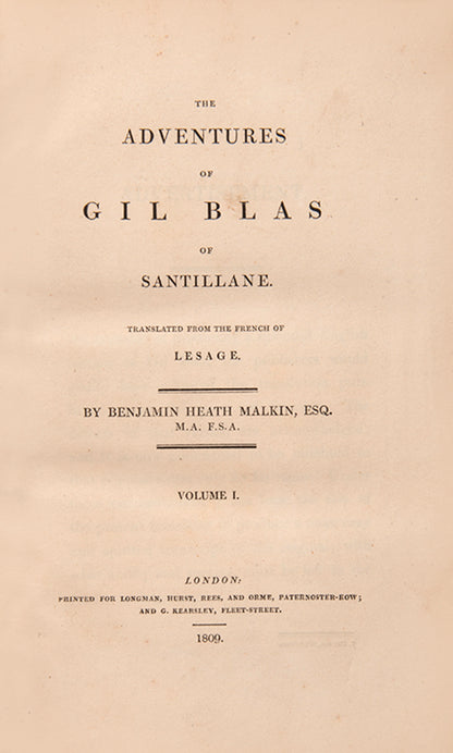 The first edition of Malkin's English translation of Lesage's classic picaresque novel L'Histoire de Gil Blas.