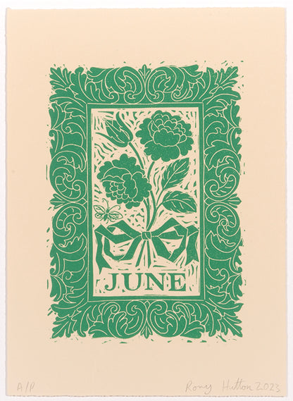Rory Hutton, Months of the Year, Green, 2023, complete set of twelve linocuts, signed by the artist, from the edition of 25, on wove paper