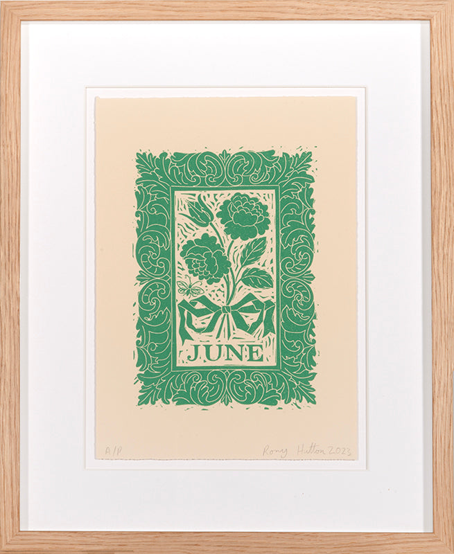 Rory Hutton, Months of the Year, Green, 2023, complete set of twelve linocuts, signed by the artist, from the edition of 25, on wove paper