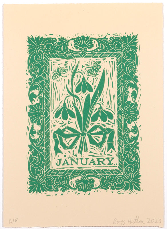 Rory Hutton, Months of the Year, Green, 2023, complete set of twelve linocuts, signed by the artist, from the edition of 25, on wove paper
