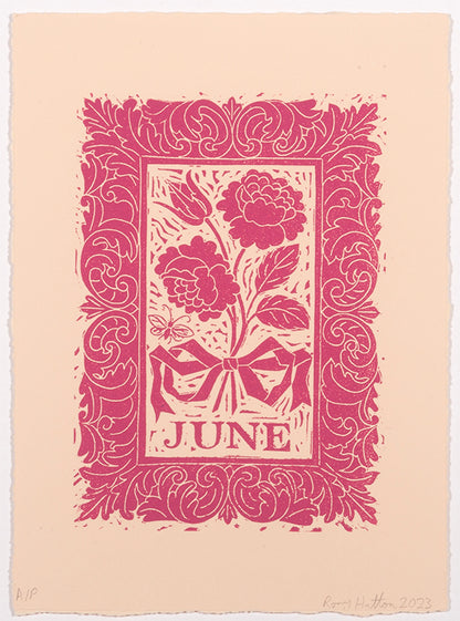 Rory Hutton, Months of the Year, Pink, 2023, complete set of twelve linocuts, signed by the artist, from the edition of 25, on wove paper