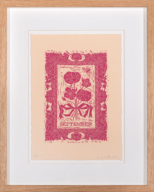 Rory Hutton, Months of the Year, Pink, 2023, complete set of twelve linocuts, signed by the artist, from the edition of 25, on wove paper