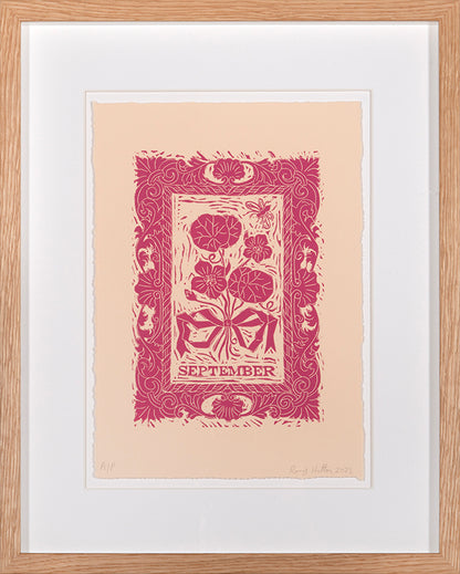 Rory Hutton, Months of the Year, Pink, 2023, complete set of twelve linocuts, signed by the artist, from the edition of 25, on wove paper