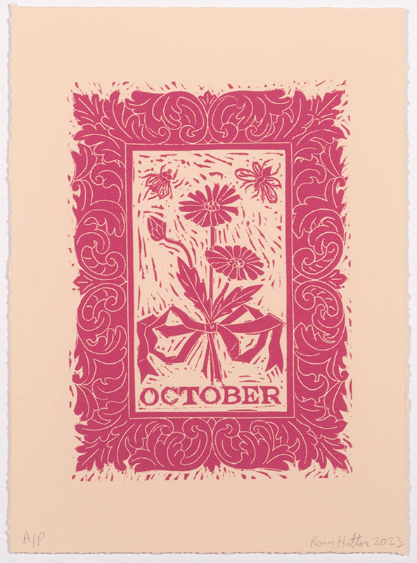 Rory Hutton, Months of the Year, Pink, 2023, complete set of twelve linocuts, signed by the artist, from the edition of 25, on wove paper