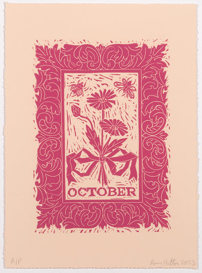 Rory Hutton, Months of the Year, Pink, 2023, complete set of twelve linocuts, signed by the artist, from the edition of 25, on wove paper