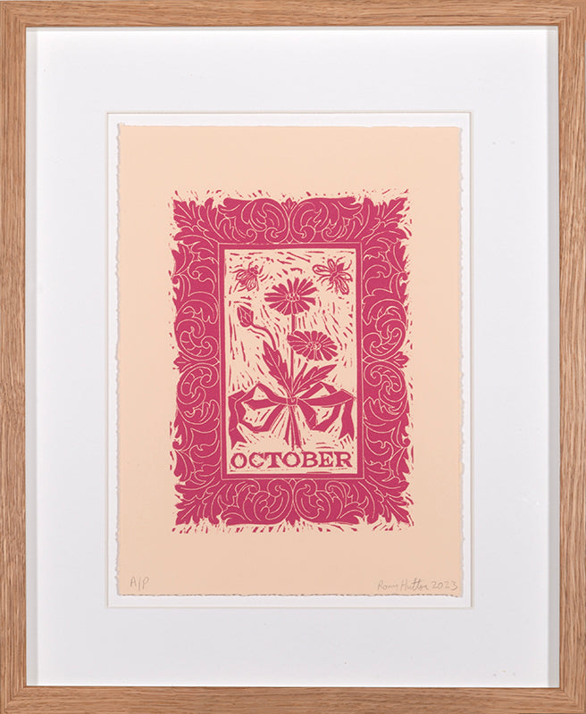 Rory Hutton, Months of the Year, Pink, 2023, complete set of twelve linocuts, signed by the artist, from the edition of 25, on wove paper