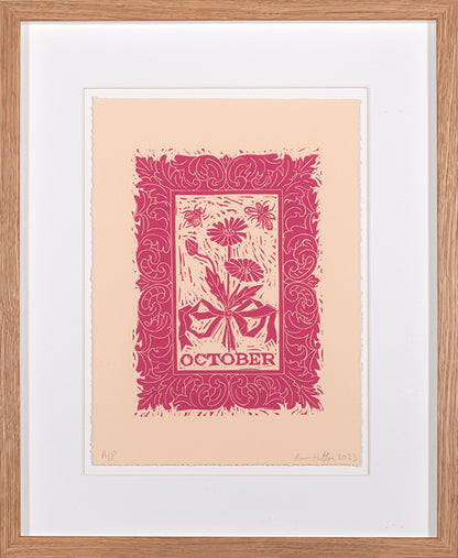 Rory Hutton, Months of the Year, Pink, 2023, complete set of twelve linocuts, signed by the artist, from the edition of 25, on wove paper
