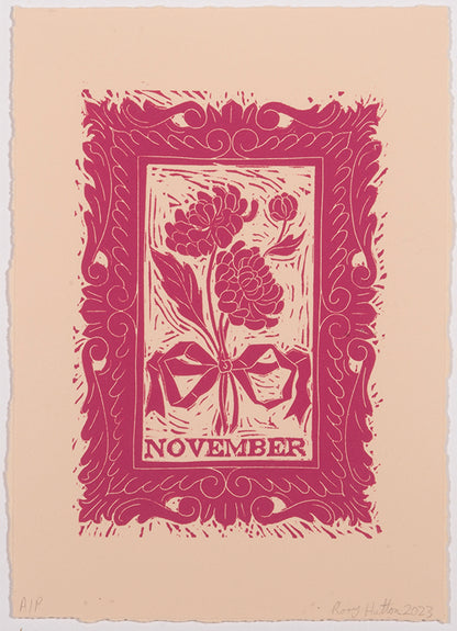 Rory Hutton, Months of the Year, Pink, 2023, complete set of twelve linocuts, signed by the artist, from the edition of 25, on wove paper