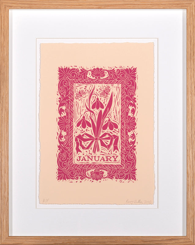 Rory Hutton, Months of the Year, Pink, 2023, complete set of twelve linocuts, signed by the artist, from the edition of 25, on wove paper