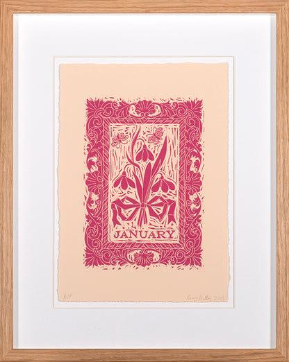 Rory Hutton, Months of the Year, Pink, 2023, complete set of twelve linocuts, signed by the artist, from the edition of 25, on wove paper