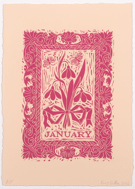 Rory Hutton, Months of the Year, Pink, 2023, complete set of twelve linocuts, signed by the artist, from the edition of 25, on wove paper