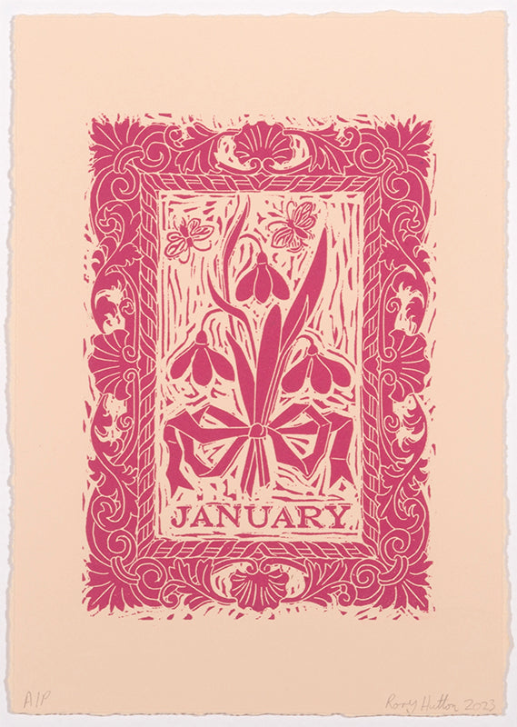 Rory Hutton, Months of the Year, Pink, 2023, complete set of twelve linocuts, signed by the artist, from the edition of 25, on wove paper