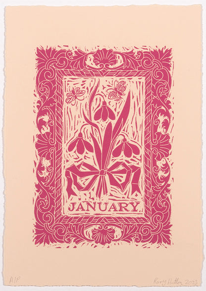 Rory Hutton, Months of the Year, Pink, 2023, complete set of twelve linocuts, signed by the artist, from the edition of 25, on wove paper