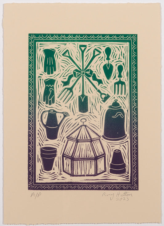 Rory Hutton, Potting Shed I Green Purple Ombre, 2023, linocut printed in colours, signed by the artist, from the edition of 15, on wove paper
