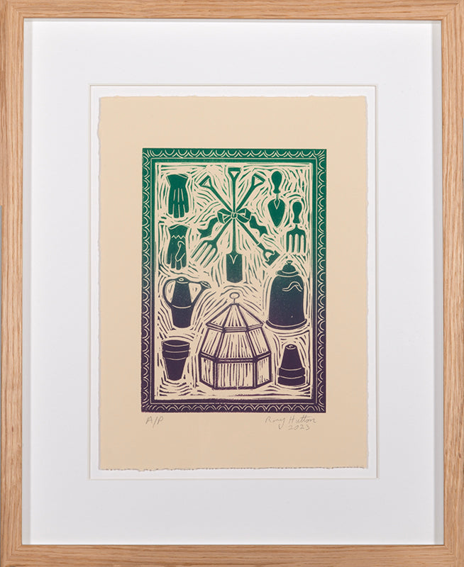 Rory Hutton, Potting Shed I Green Purple Ombre, 2023, linocut printed in colours, signed by the artist, from the edition of 15, on wove paper
