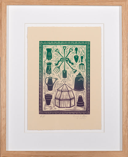 Rory Hutton, Potting Shed I Green Purple Ombre, 2023, linocut printed in colours, signed by the artist, from the edition of 15, on wove paper