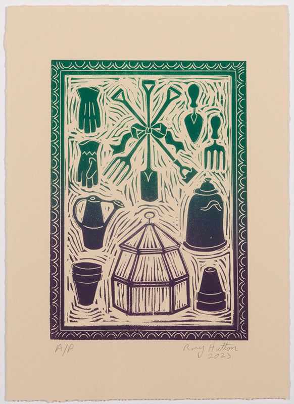 Rory Hutton, Potting Shed I Green Purple Ombre, 2023, linocut printed in colours, signed by the artist, from the edition of 15, on wove paper