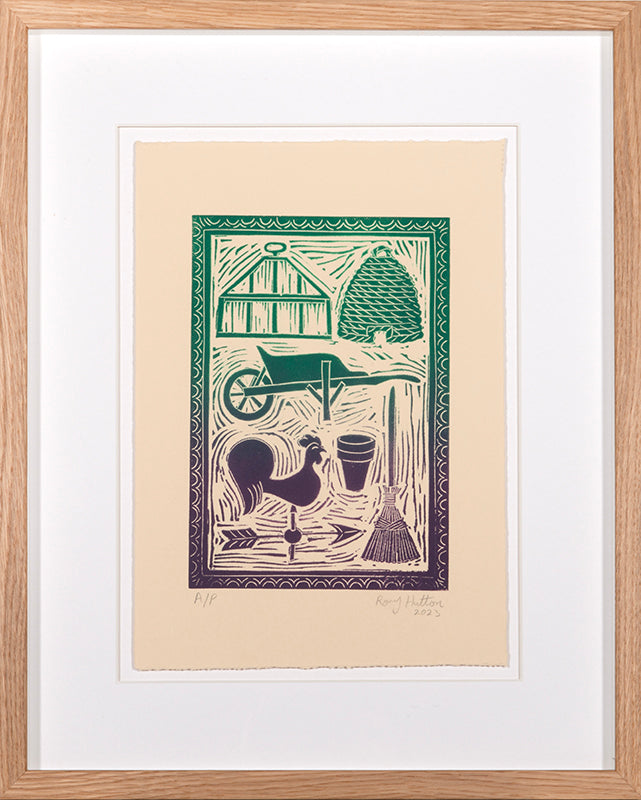 Rory Hutton, Potting Shed II Green Purple Ombre, 2023, linocut printed in colours, signed by the artist, from the edition of 15, on wove paper