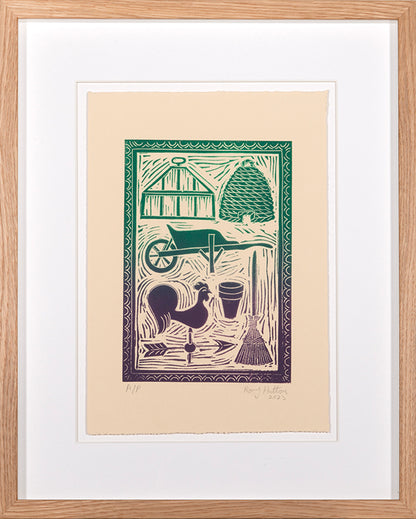 Rory Hutton, Potting Shed II Green Purple Ombre, 2023, linocut printed in colours, signed by the artist, from the edition of 15, on wove paper