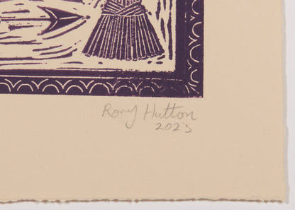 Rory Hutton, Potting Shed II Green Purple Ombre, 2023, linocut printed in colours, signed by the artist, from the edition of 15, on wove paper